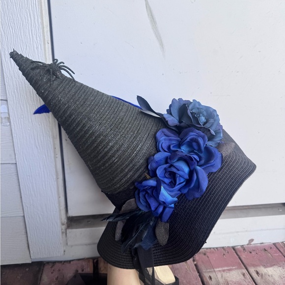 Custom Handmade Black Witch Hat with Blue Floral & Feather Trim main image 10